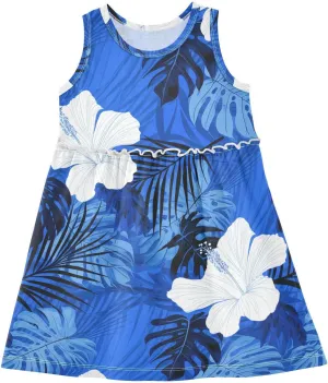 Hibiscus Leaves Profound Blue Girls Dress Sleeveless A-Line Sundress Summer Party Casual Swing Dresses for Toddler