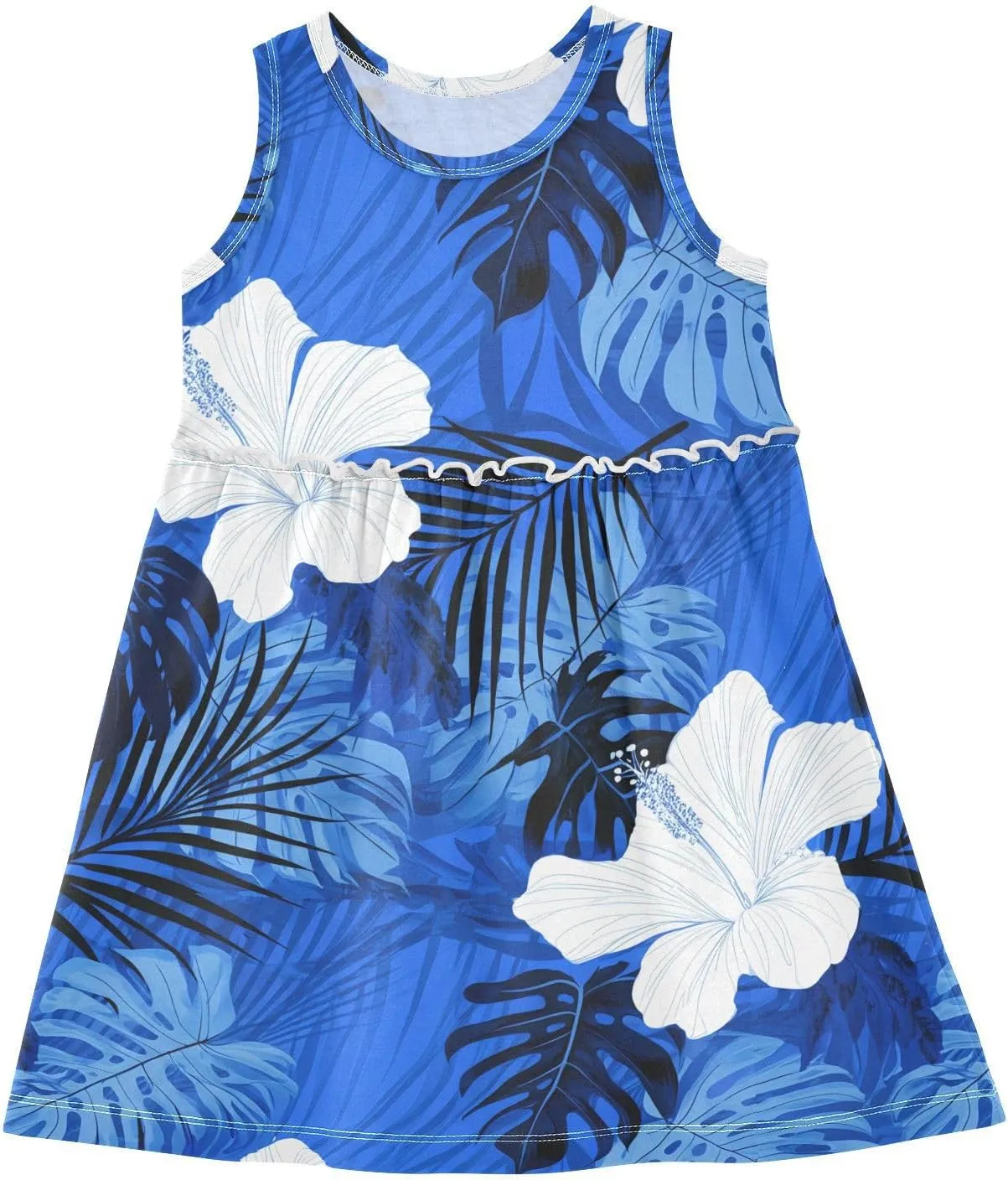 Hibiscus Leaves Profound Blue Girls Dress Sleeveless A-Line Sundress Summer Party Casual Swing Dresses for Toddler