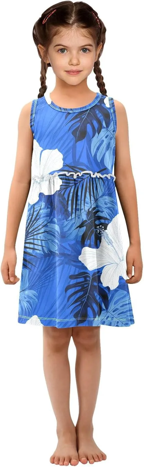 Hibiscus Leaves Profound Blue Girls Dress Sleeveless A-Line Sundress Summer Party Casual Swing Dresses for Toddler