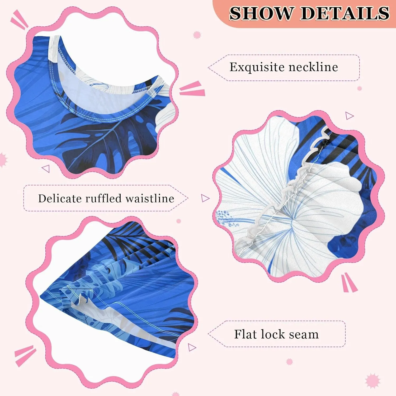 Hibiscus Leaves Profound Blue Girls Dress Sleeveless A-Line Sundress Summer Party Casual Swing Dresses for Toddler
