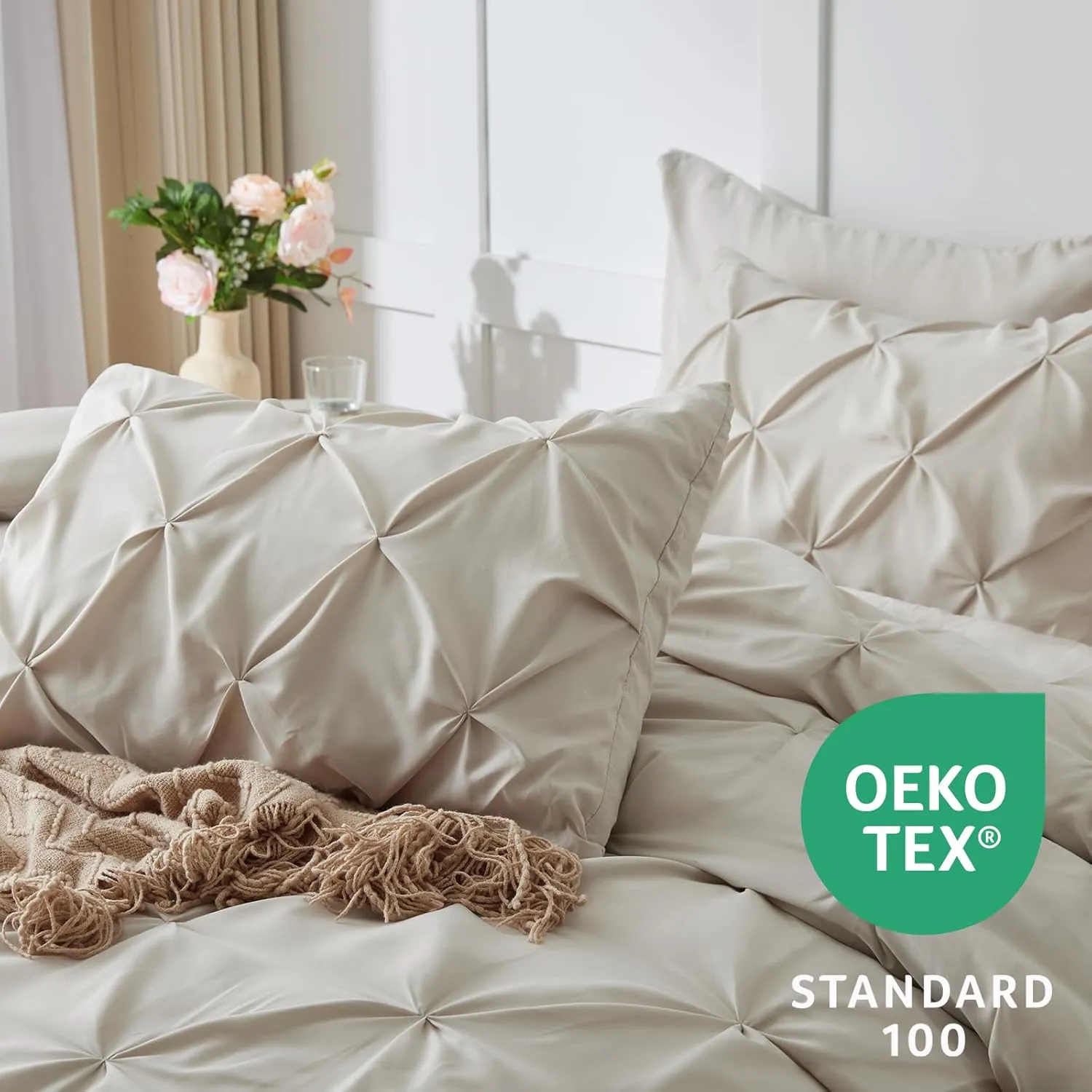 HIMEET- Beige Comforter Set King 7 Pieces Pintuck Soft Cream Comforter King (102"x90") Off White Bed in a Bag Pinch Pleated Apricot Bedding Breathable Nature Bed Set with Sheets,Pillowcases&Shams