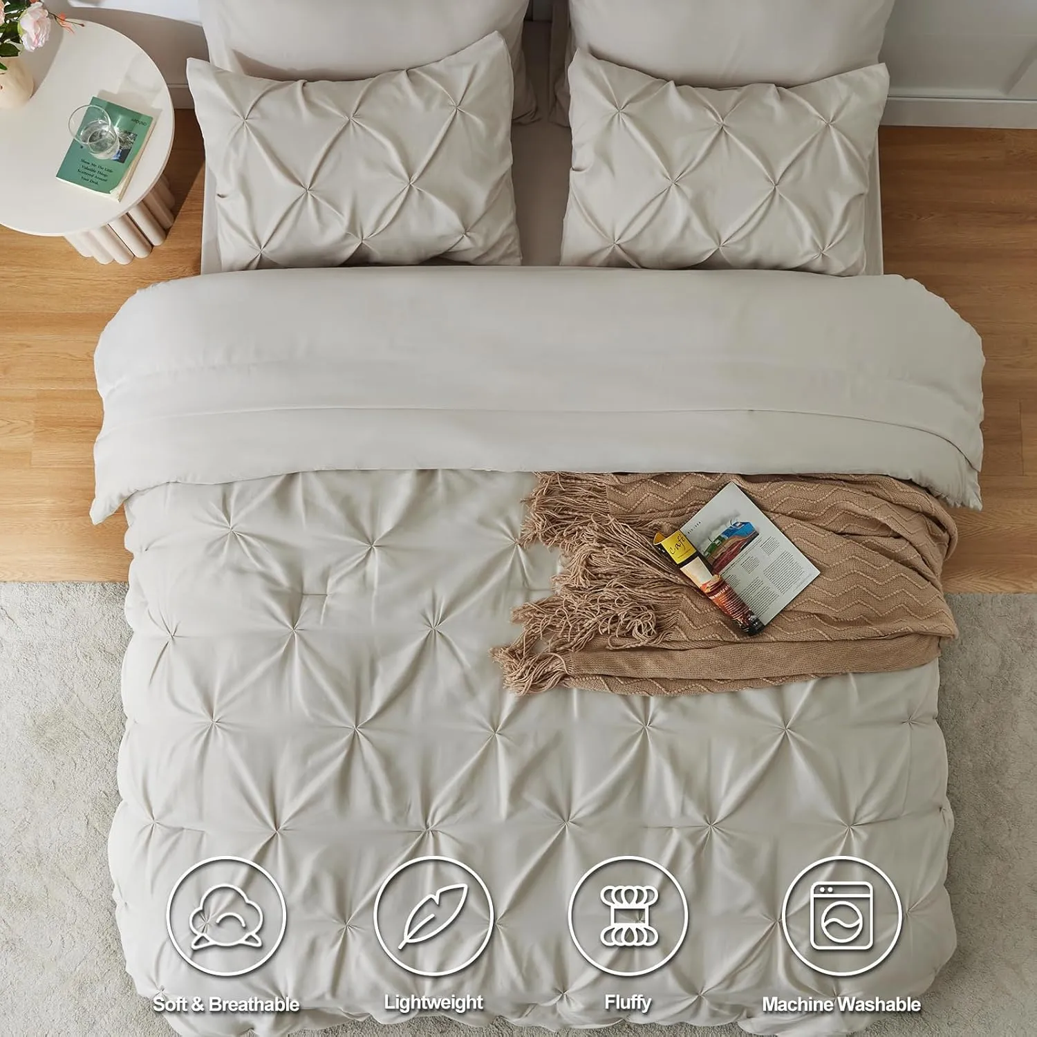 HIMEET- Beige Comforter Set King 7 Pieces Pintuck Soft Cream Comforter King (102"x90") Off White Bed in a Bag Pinch Pleated Apricot Bedding Breathable Nature Bed Set with Sheets,Pillowcases&Shams