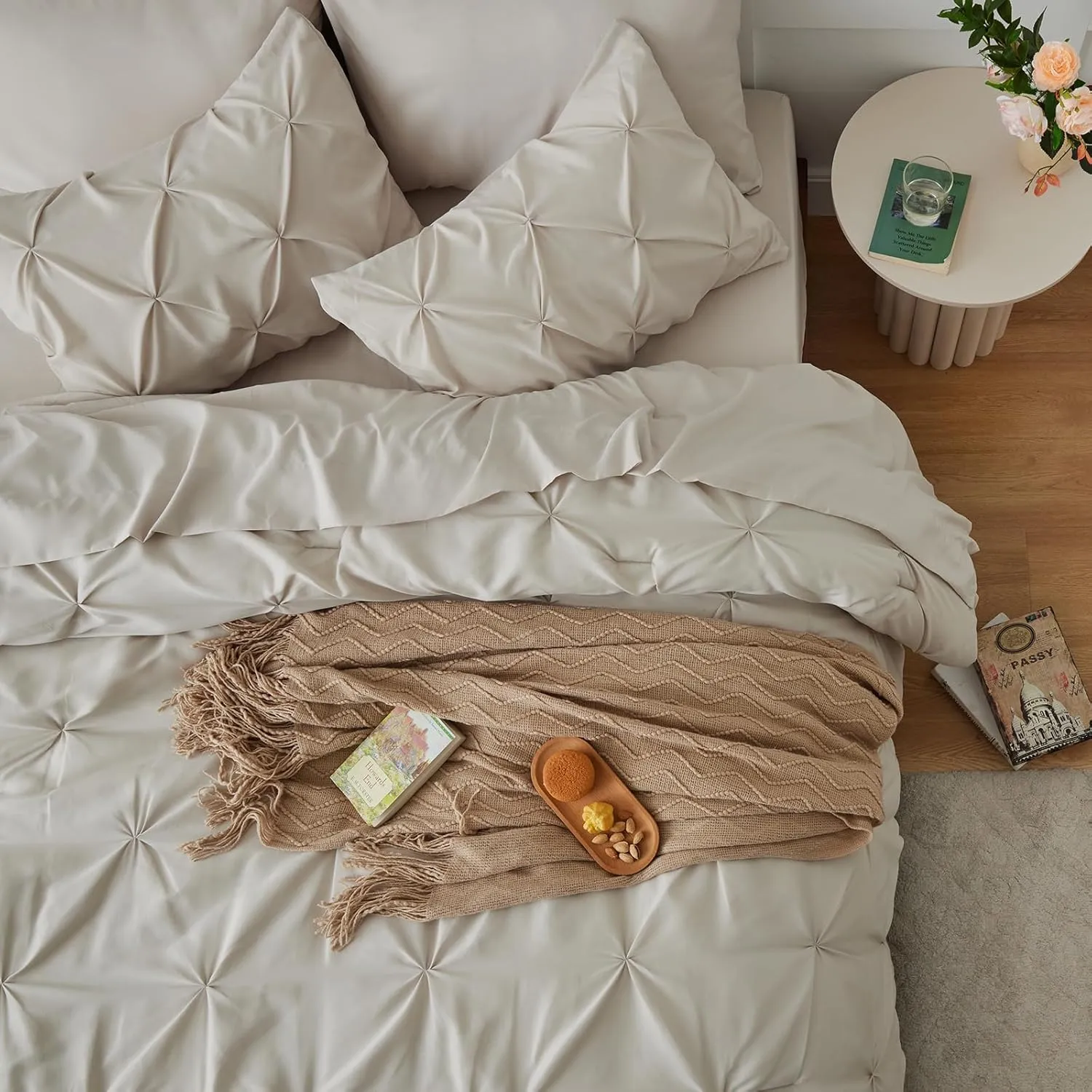 HIMEET- Beige Comforter Set King 7 Pieces Pintuck Soft Cream Comforter King (102"x90") Off White Bed in a Bag Pinch Pleated Apricot Bedding Breathable Nature Bed Set with Sheets,Pillowcases&Shams