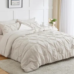 HIMEET- Beige Comforter Set King 7 Pieces Pintuck Soft Cream Comforter King (102"x90") Off White Bed in a Bag Pinch Pleated Apricot Bedding Breathable Nature Bed Set with Sheets,Pillowcases&Shams