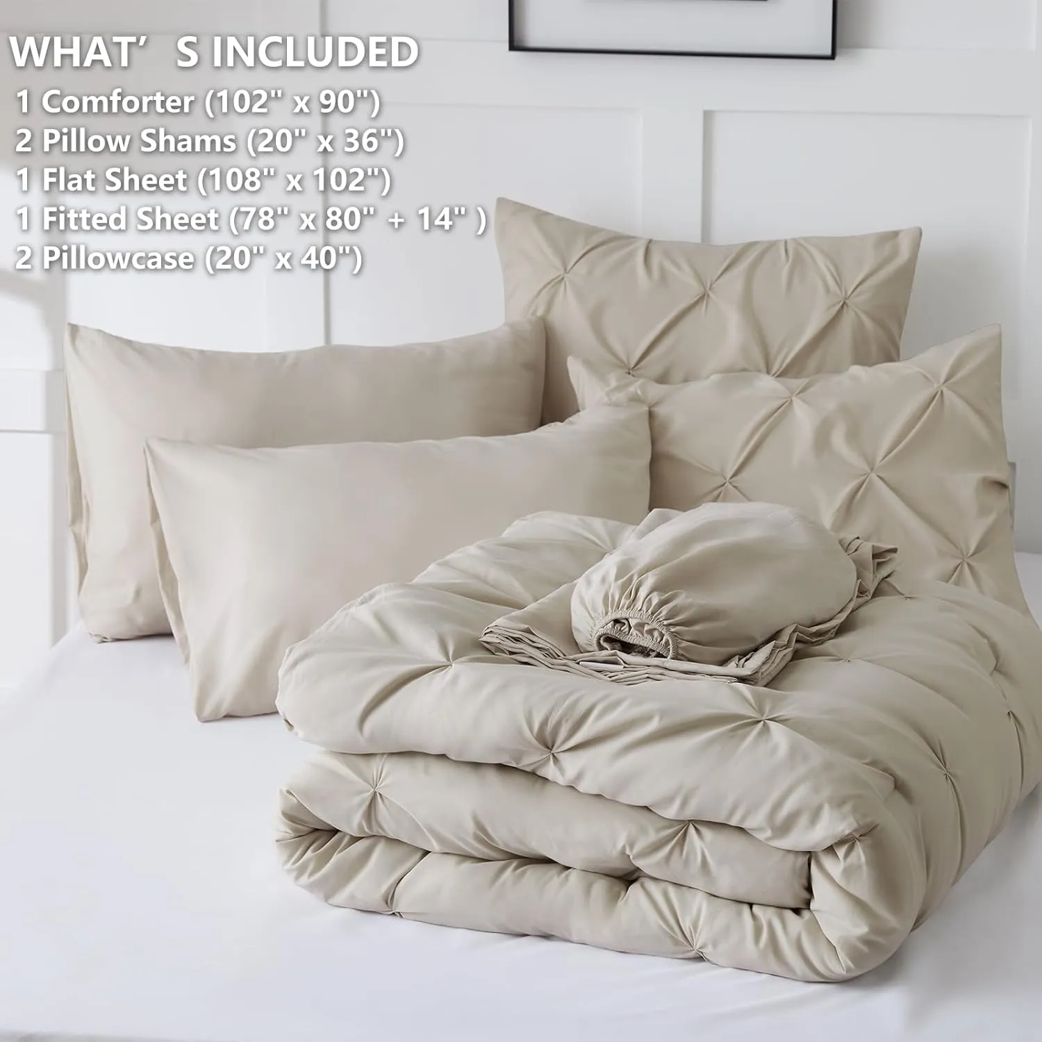 HIMEET- Beige Comforter Set King 7 Pieces Pintuck Soft Cream Comforter King (102"x90") Off White Bed in a Bag Pinch Pleated Apricot Bedding Breathable Nature Bed Set with Sheets,Pillowcases&Shams