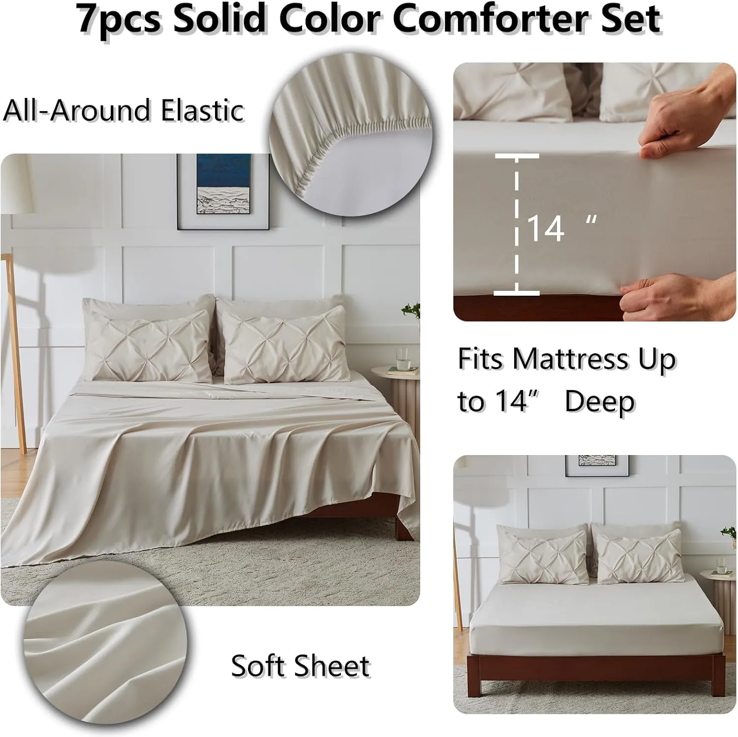 HIMEET- Beige Comforter Set King 7 Pieces Pintuck Soft Cream Comforter King (102"x90") Off White Bed in a Bag Pinch Pleated Apricot Bedding Breathable Nature Bed Set with Sheets,Pillowcases&Shams