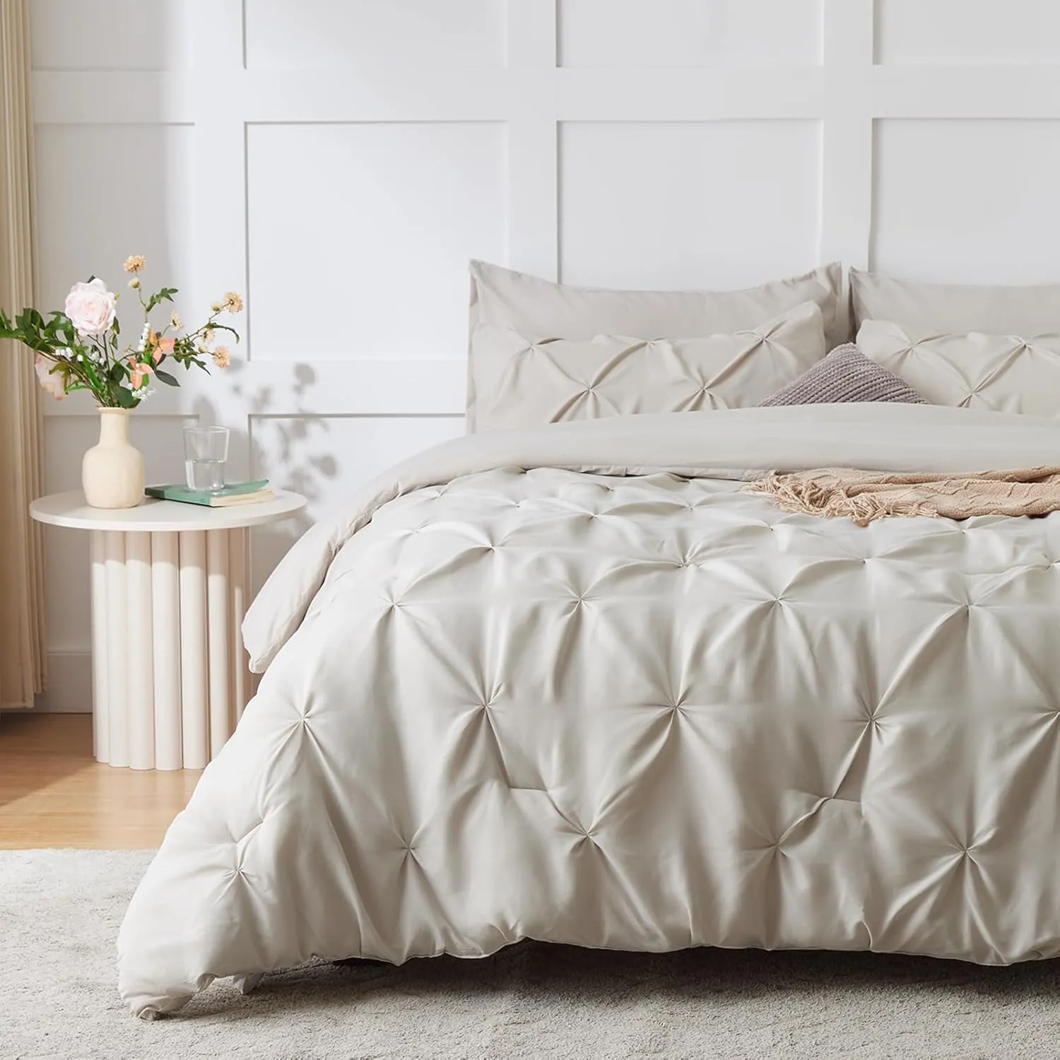 HIMEET- Beige Comforter Set King 7 Pieces Pintuck Soft Cream Comforter King (102"x90") Off White Bed in a Bag Pinch Pleated Apricot Bedding Breathable Nature Bed Set with Sheets,Pillowcases&Shams