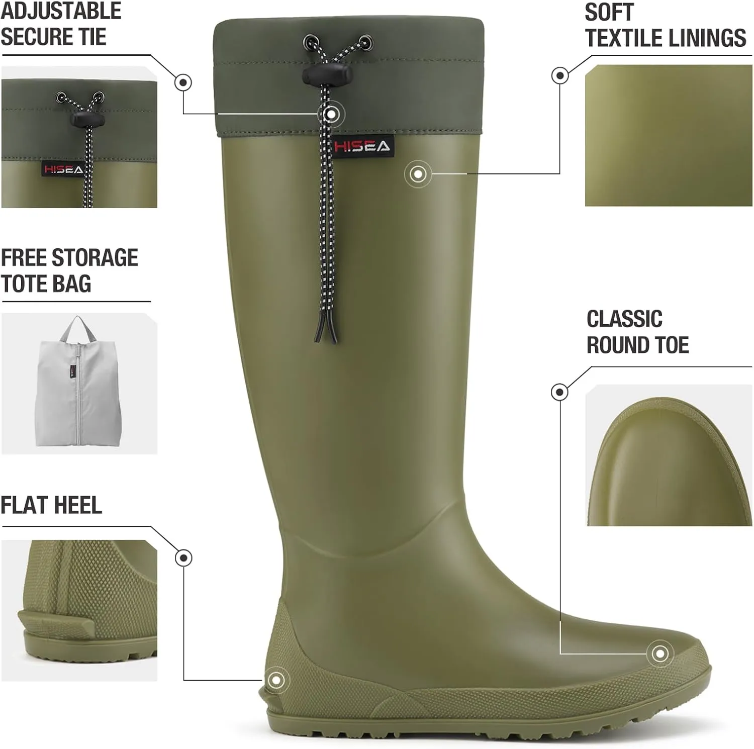HISEA Womens Rubber Rain Boots Waterproof Packable Tall Garden Boots Lightweight Mud Boots