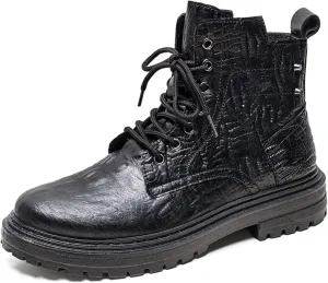 HOOENG Round Toe Lace Up Boots for Men Derby Crocodile Print with Rivet PU Anti-Slip Wearable Classic Work Formal (Color : Black, Size : 8)
