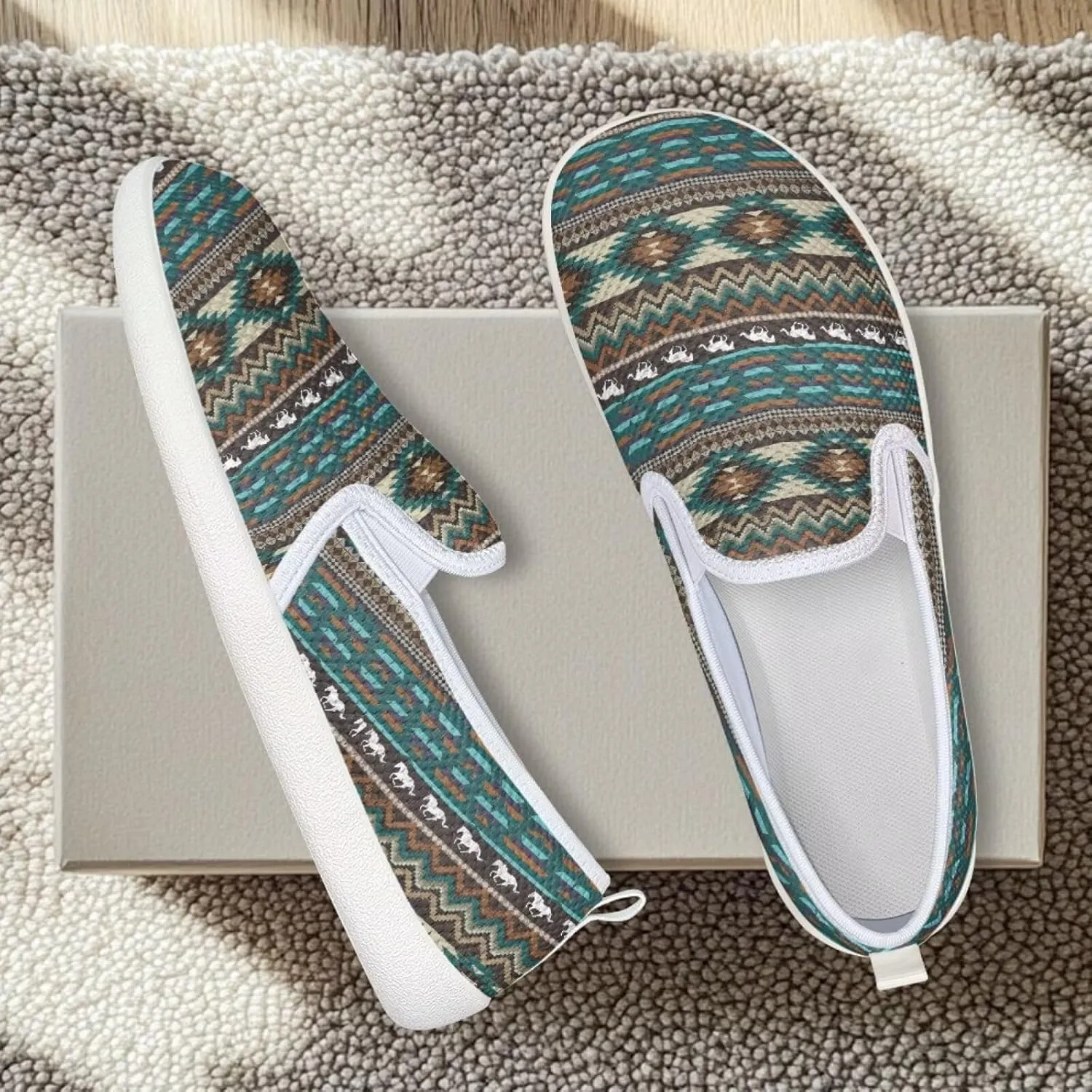 Howilath Western Aztec Print Mesh Sneakers Women Slip on Loafers Casual Breathable Shoes Walking Shoes