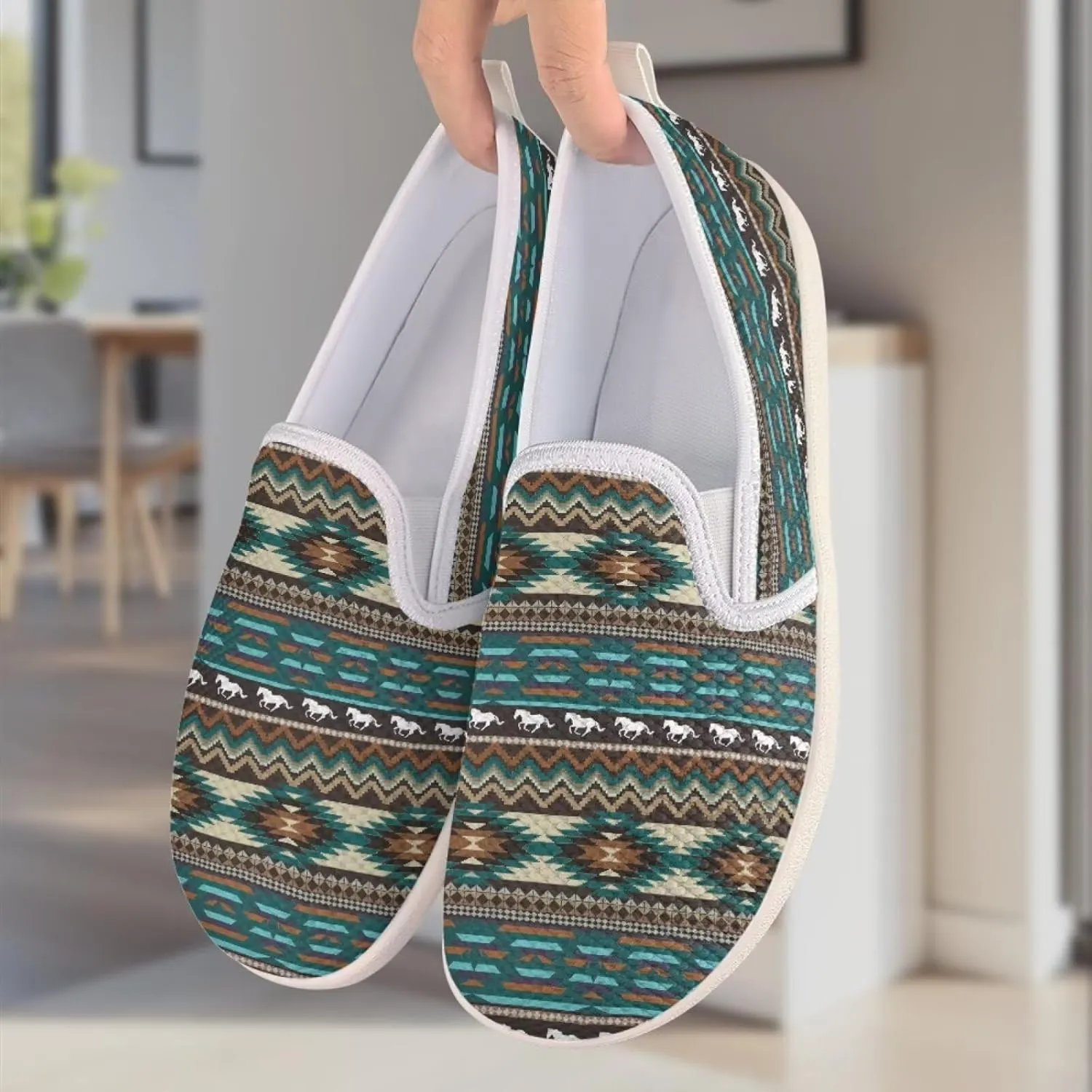 Howilath Western Aztec Print Mesh Sneakers Women Slip on Loafers Casual Breathable Shoes Walking Shoes