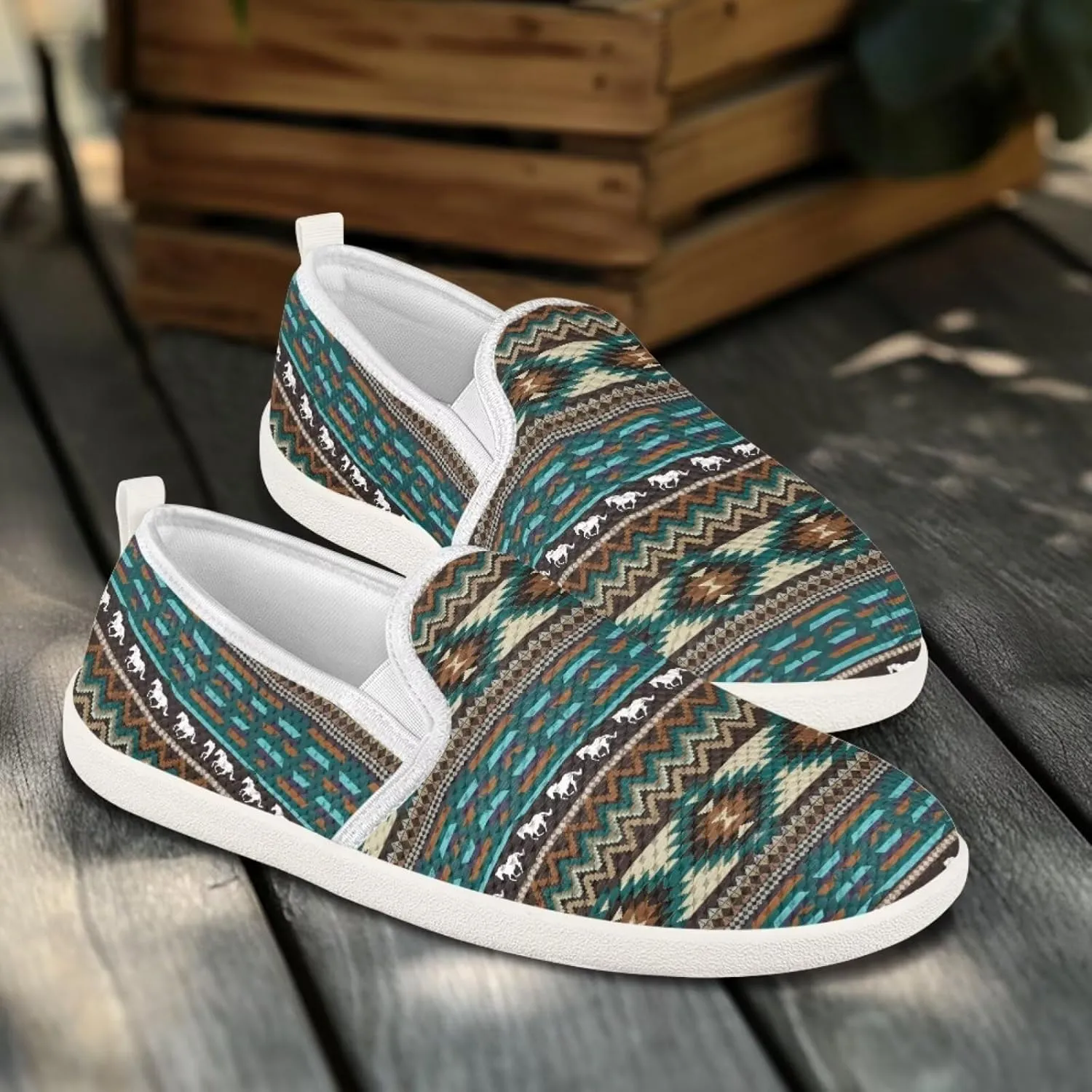 Howilath Western Aztec Print Mesh Sneakers Women Slip on Loafers Casual Breathable Shoes Walking Shoes