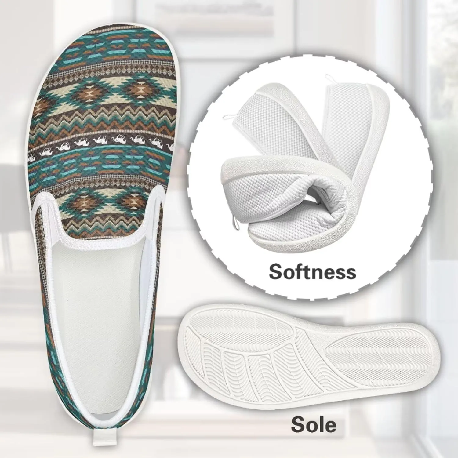 Howilath Western Aztec Print Mesh Sneakers Women Slip on Loafers Casual Breathable Shoes Walking Shoes