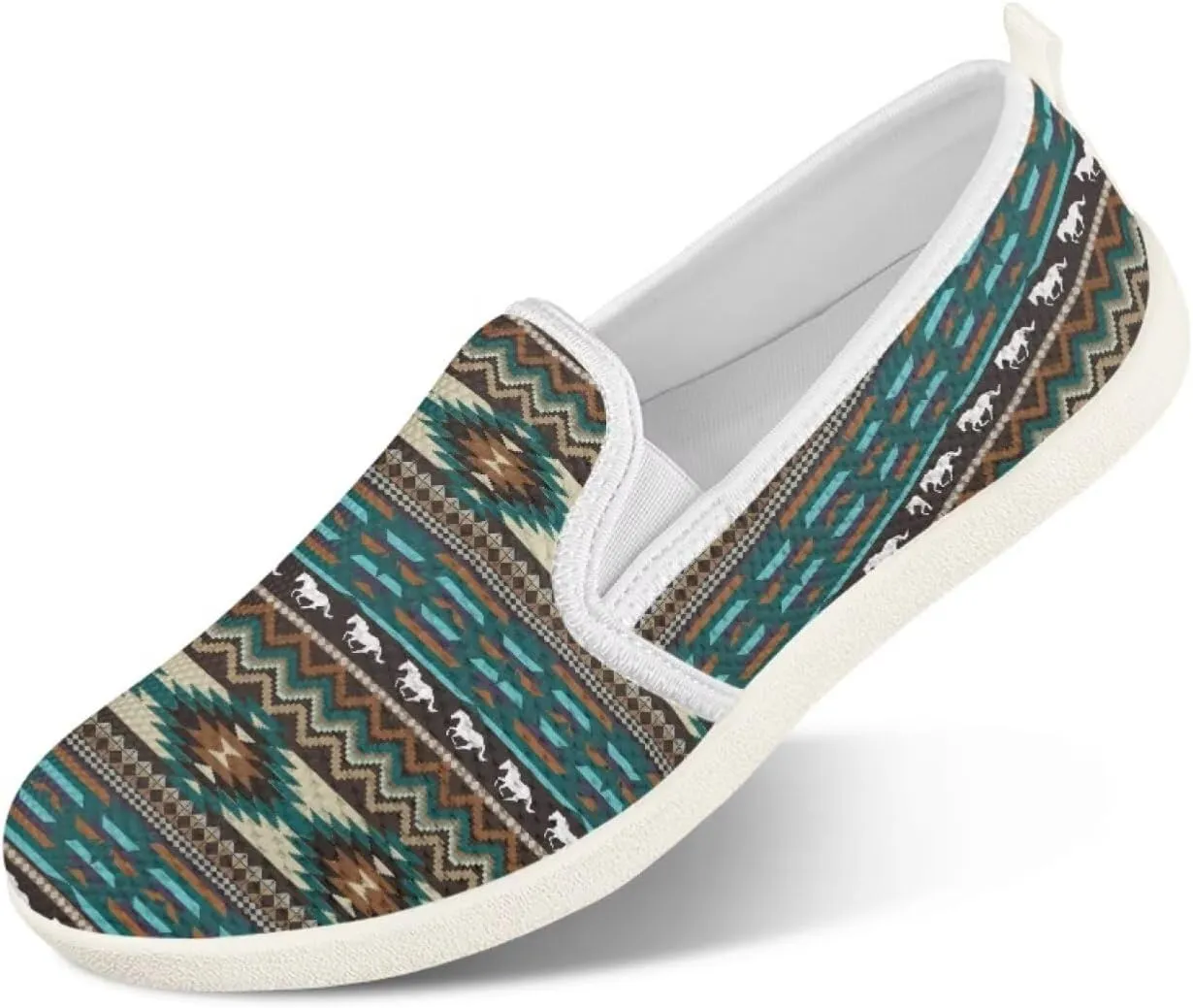 Howilath Western Aztec Print Mesh Sneakers Women Slip on Loafers Casual Breathable Shoes Walking Shoes