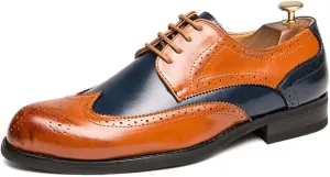 HuitJours Men Oxford Dress Shoes Multicolor Brogues Wing Tips Lace Up Patchwork Two Tone Color Matching Punched Round Toe