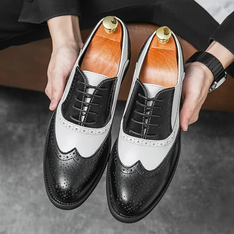HuitJours Men's Classic Oxford Dress Shoes – Formal Cap Toe Lace Up Shoes for Business & Wedding – Black White