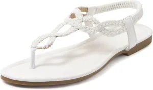 iCKER Women Rhinestone Sandals T-Strap Buckle Bohemian Pearl Crystal Flat Sandals