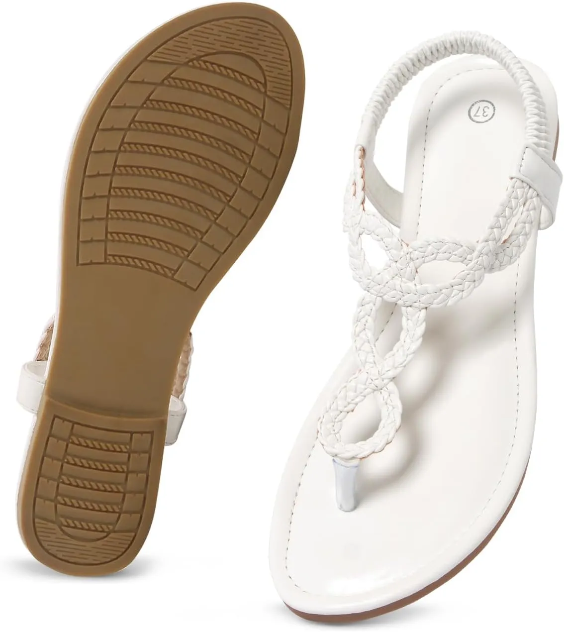 iCKER Women Rhinestone Sandals T-Strap Buckle Bohemian Pearl Crystal Flat Sandals