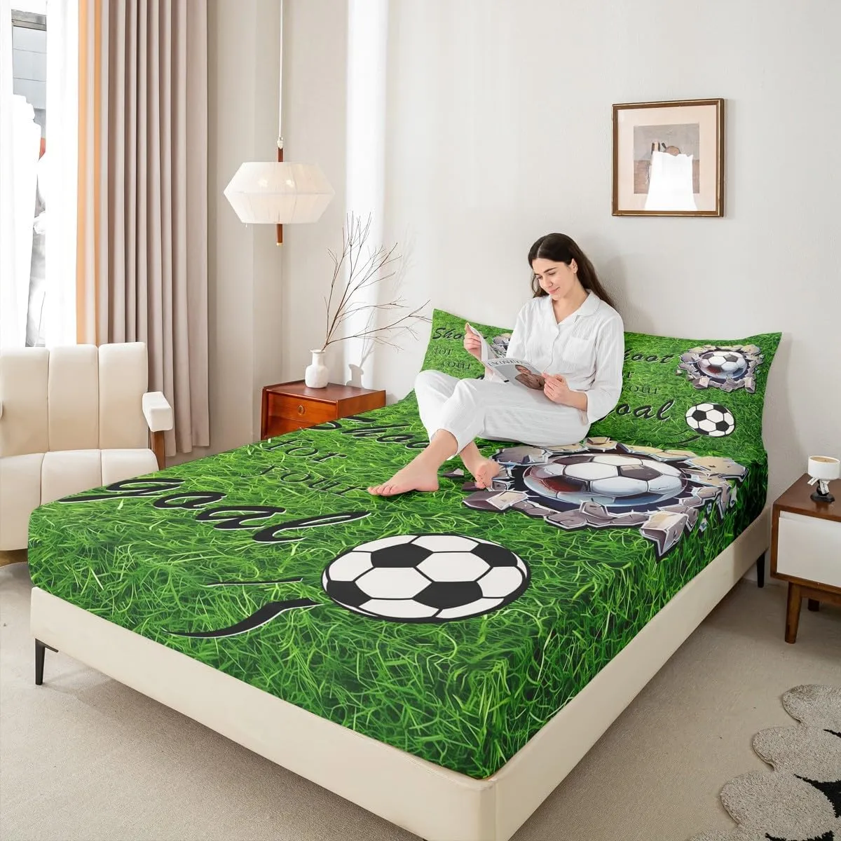 jejeloiu Football Bed Sheets Set Queen Size Kids Soccer Ball Game Fitted Sheet for Boys Girls Teens Adults, American Football Player Bedding Set Breathable Soft Lightweight Grassland Room Decor 3Pcs