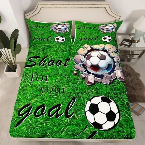 jejeloiu Football Bed Sheets Set Queen Size Kids Soccer Ball Game Fitted Sheet for Boys Girls Teens Adults, American Football Player Bedding Set Breathable Soft Lightweight Grassland Room Decor 3Pcs