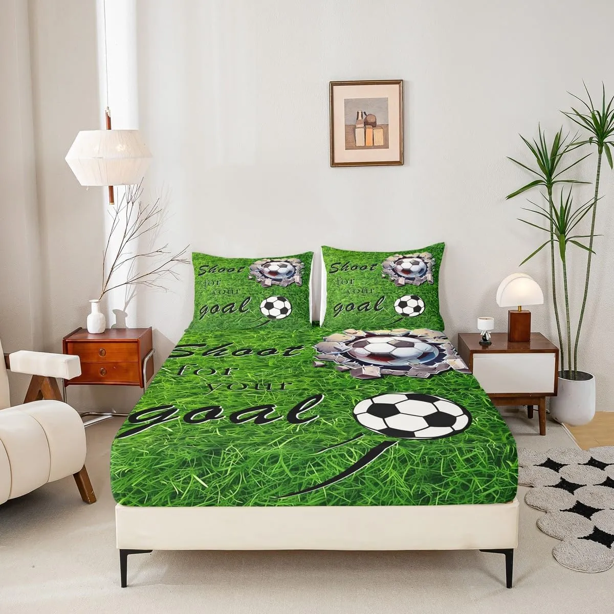 jejeloiu Football Bed Sheets Set Queen Size Kids Soccer Ball Game Fitted Sheet for Boys Girls Teens Adults, American Football Player Bedding Set Breathable Soft Lightweight Grassland Room Decor 3Pcs