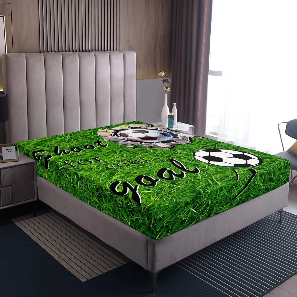 jejeloiu Football Bed Sheets Set Queen Size Kids Soccer Ball Game Fitted Sheet for Boys Girls Teens Adults, American Football Player Bedding Set Breathable Soft Lightweight Grassland Room Decor 3Pcs