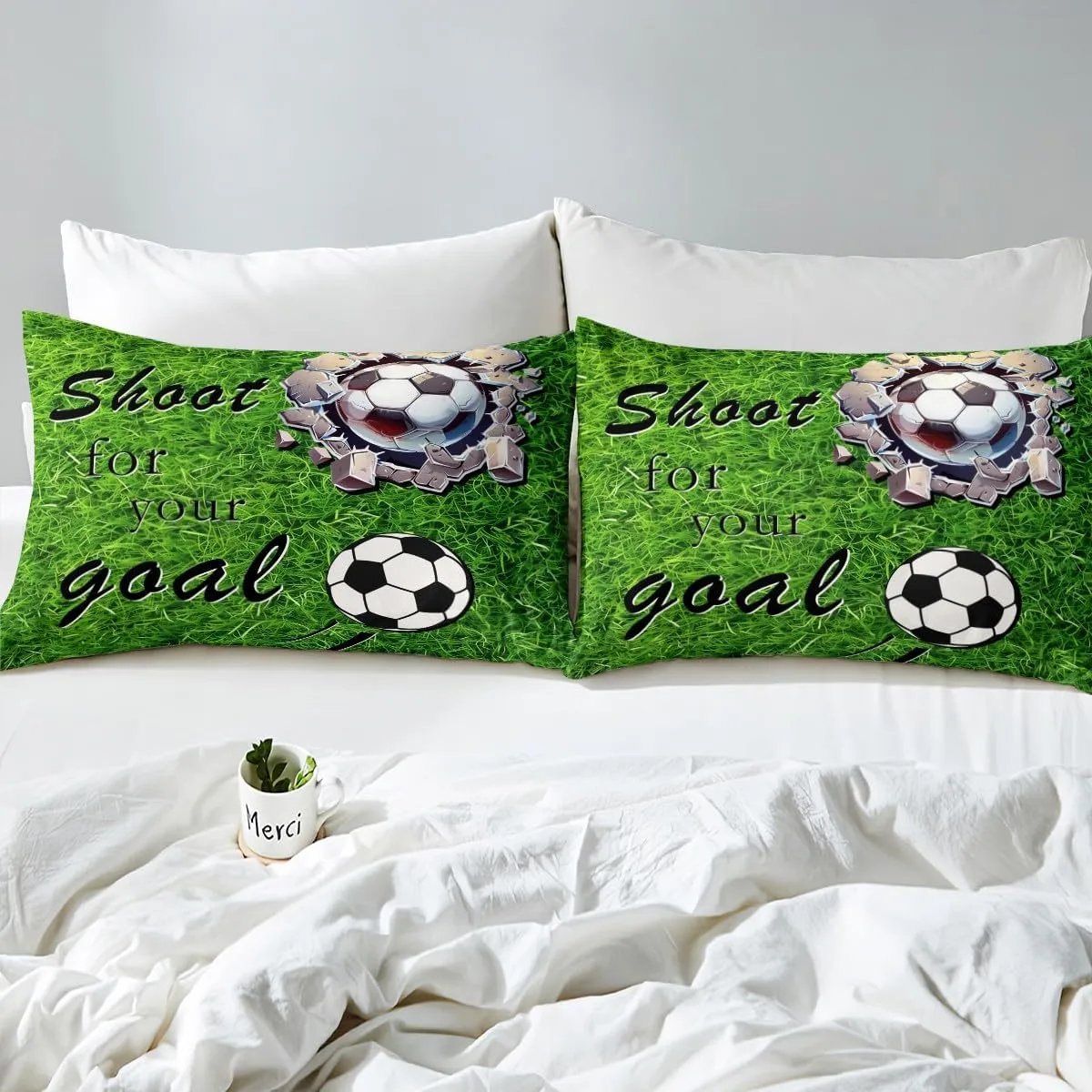 jejeloiu Football Bed Sheets Set Queen Size Kids Soccer Ball Game Fitted Sheet for Boys Girls Teens Adults, American Football Player Bedding Set Breathable Soft Lightweight Grassland Room Decor 3Pcs