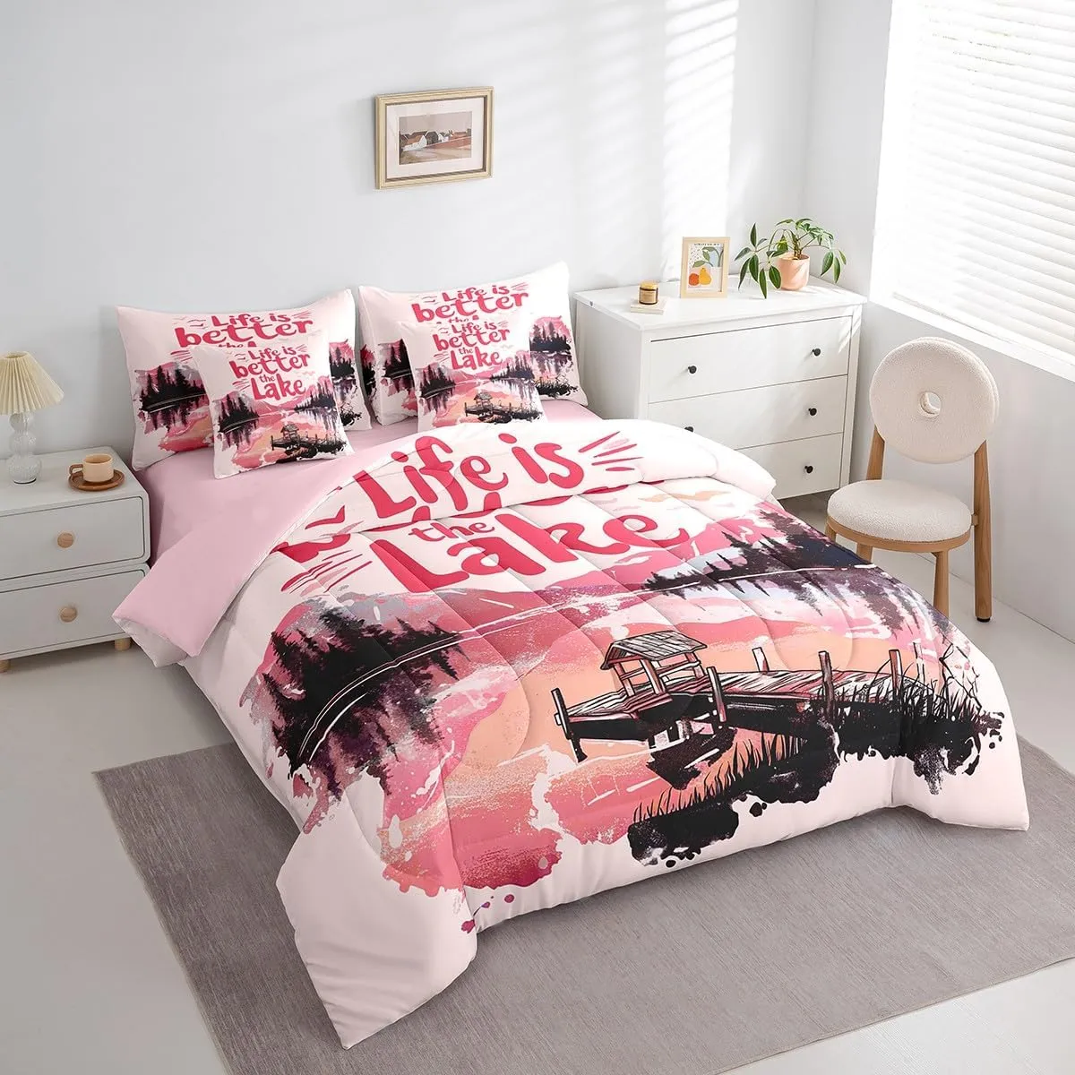 jejeloiu Pink Lake Comforter Set with Sheets Full Size Kids Lakeside Fishing 7 Pieces Bedding Set for Boys Girls Teens Cabin Mountain Bed in a Bag Breathable Tree Bedroom Decor