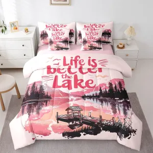 jejeloiu Pink Lake Comforter Set with Sheets Full Size Kids Lakeside Fishing 7 Pieces Bedding Set for Boys Girls Teens Cabin Mountain Bed in a Bag Breathable Tree Bedroom Decor