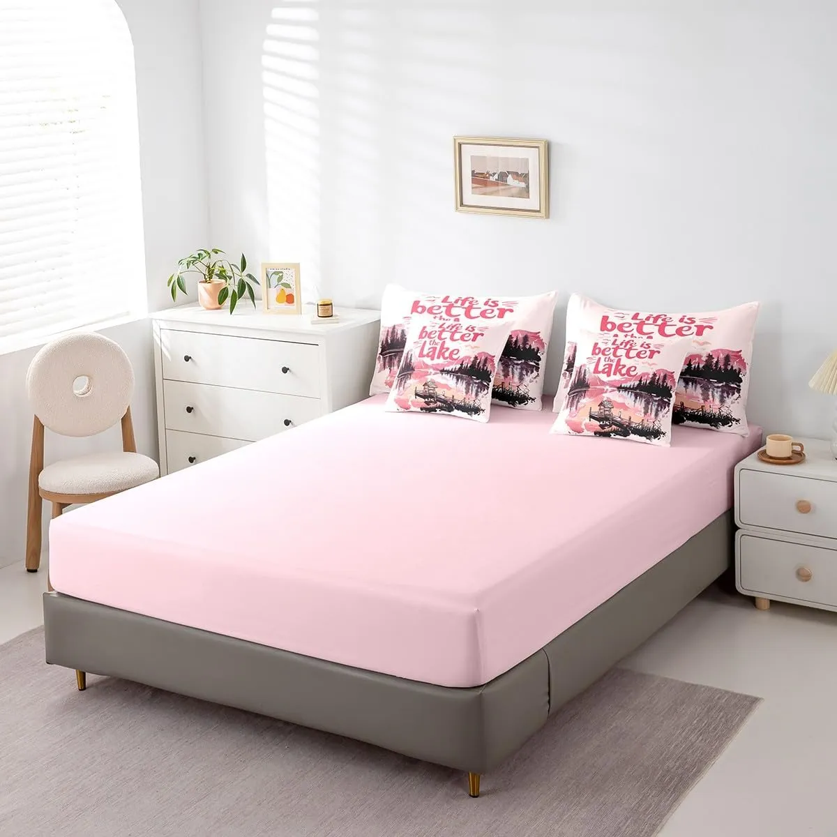 jejeloiu Pink Lake Comforter Set with Sheets Full Size Kids Lakeside Fishing 7 Pieces Bedding Set for Boys Girls Teens Cabin Mountain Bed in a Bag Breathable Tree Bedroom Decor