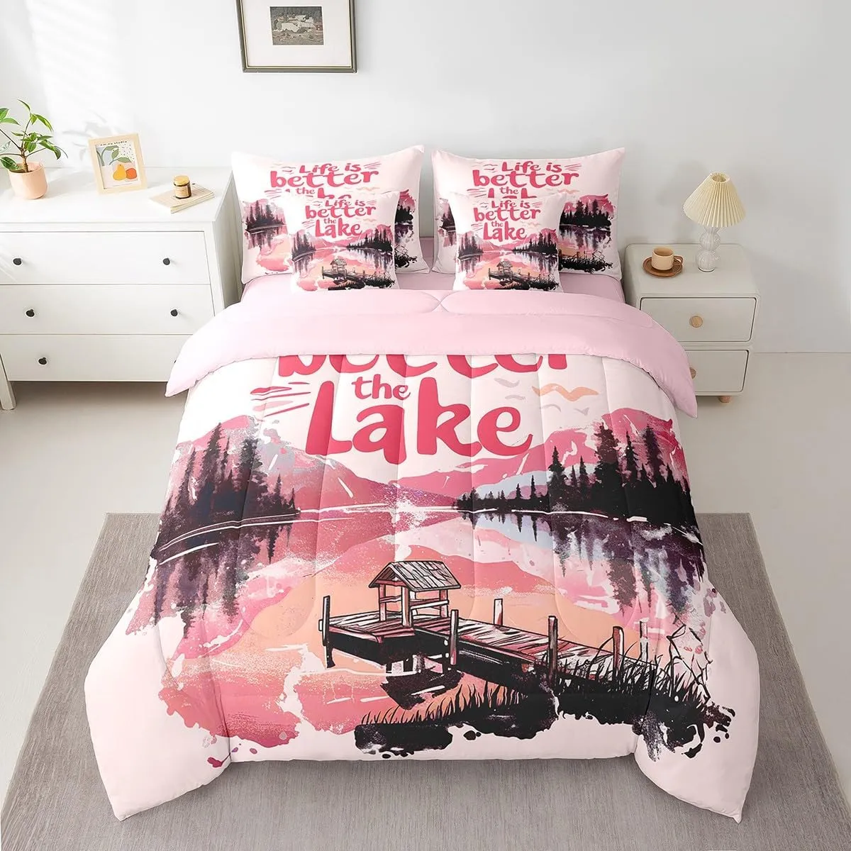 jejeloiu Pink Lake Comforter Set with Sheets Full Size Kids Lakeside Fishing 7 Pieces Bedding Set for Boys Girls Teens Cabin Mountain Bed in a Bag Breathable Tree Bedroom Decor
