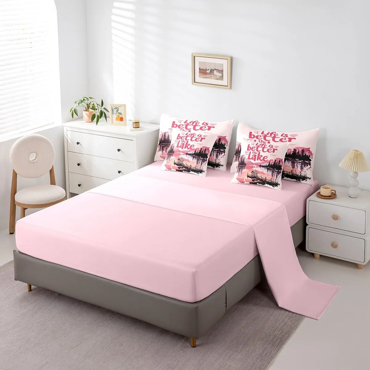 jejeloiu Pink Lake Comforter Set with Sheets Full Size Kids Lakeside Fishing 7 Pieces Bedding Set for Boys Girls Teens Cabin Mountain Bed in a Bag Breathable Tree Bedroom Decor