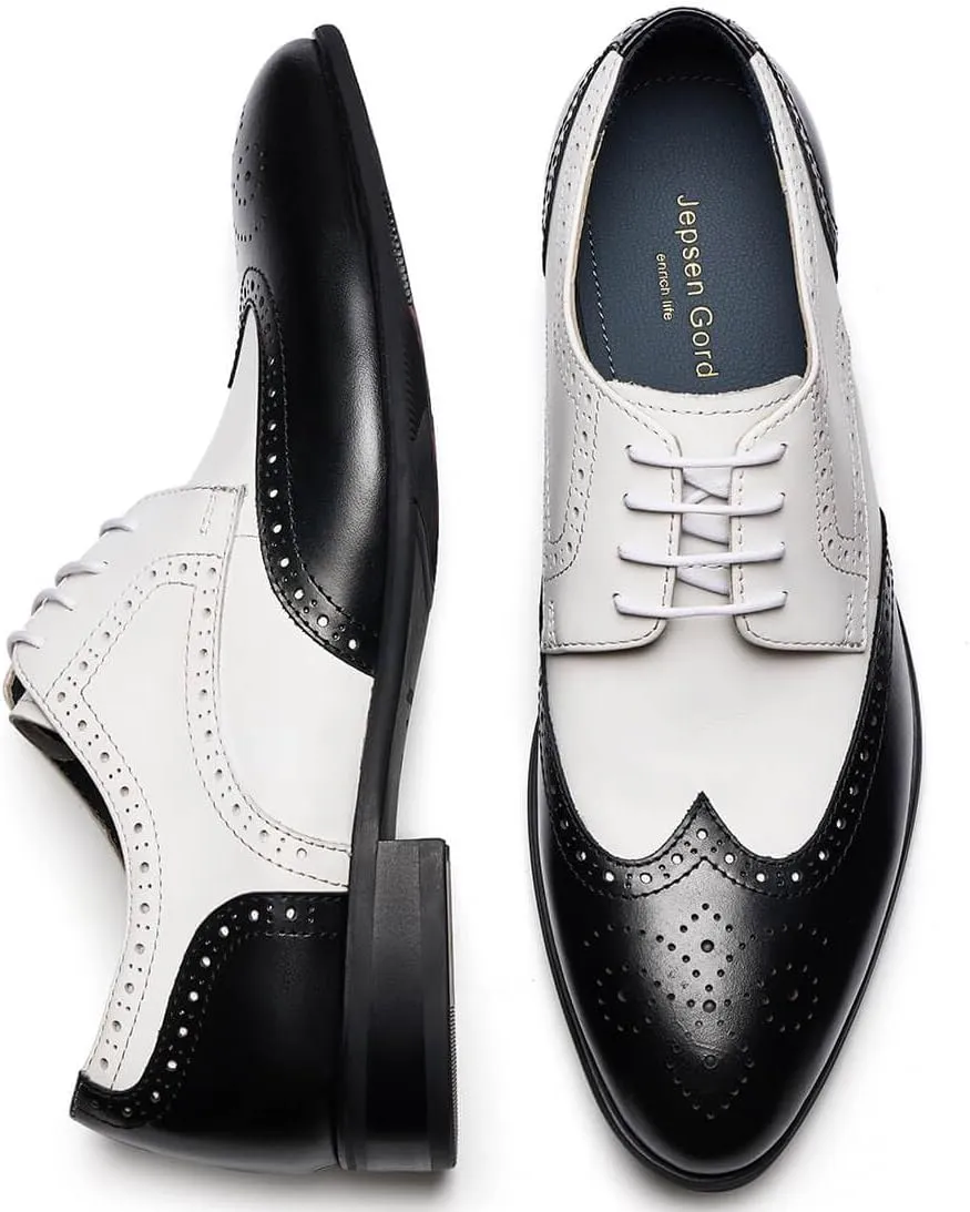 Jepsengord Men's Dress Shoes Wingtip Genuine Cowhide Leather Oxfords with Brogue Formal Business Wedding Derby Shoes