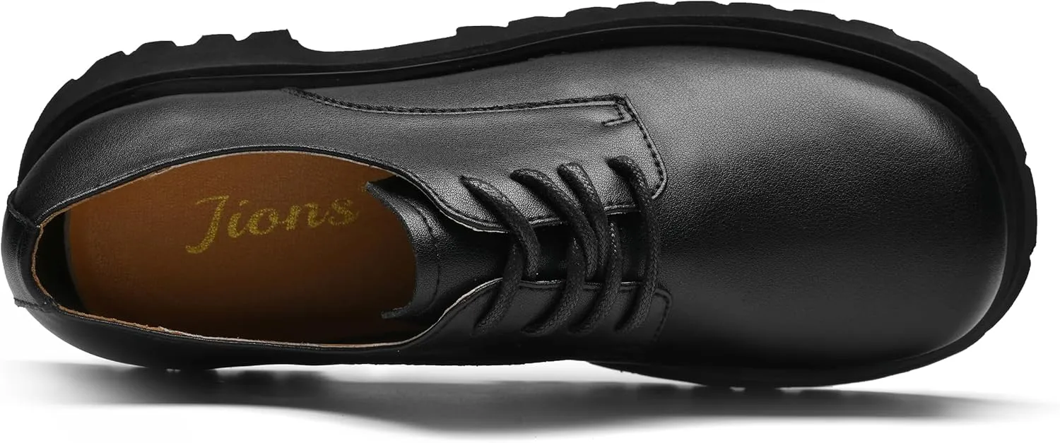 JIONS Mens Black Leather Derby Shoes Non-Slip 2.36" Thick-Soled Big Round-Toed Lace-up Platform Dress Business Oxfords