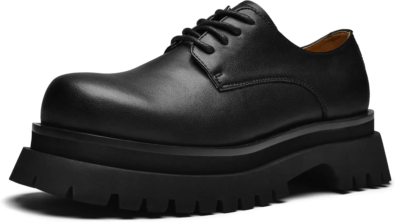 JIONS Mens Black Leather Derby Shoes Non-Slip 2.36" Thick-Soled Big Round-Toed Lace-up Platform Dress Business Oxfords