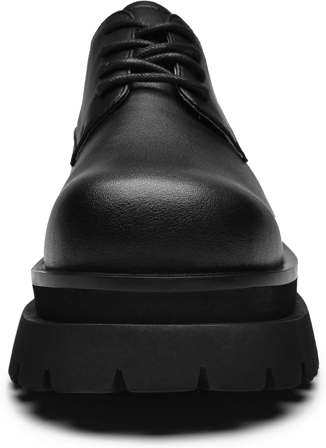 JIONS Mens Black Leather Derby Shoes Non-Slip 2.36" Thick-Soled Big Round-Toed Lace-up Platform Dress Business Oxfords
