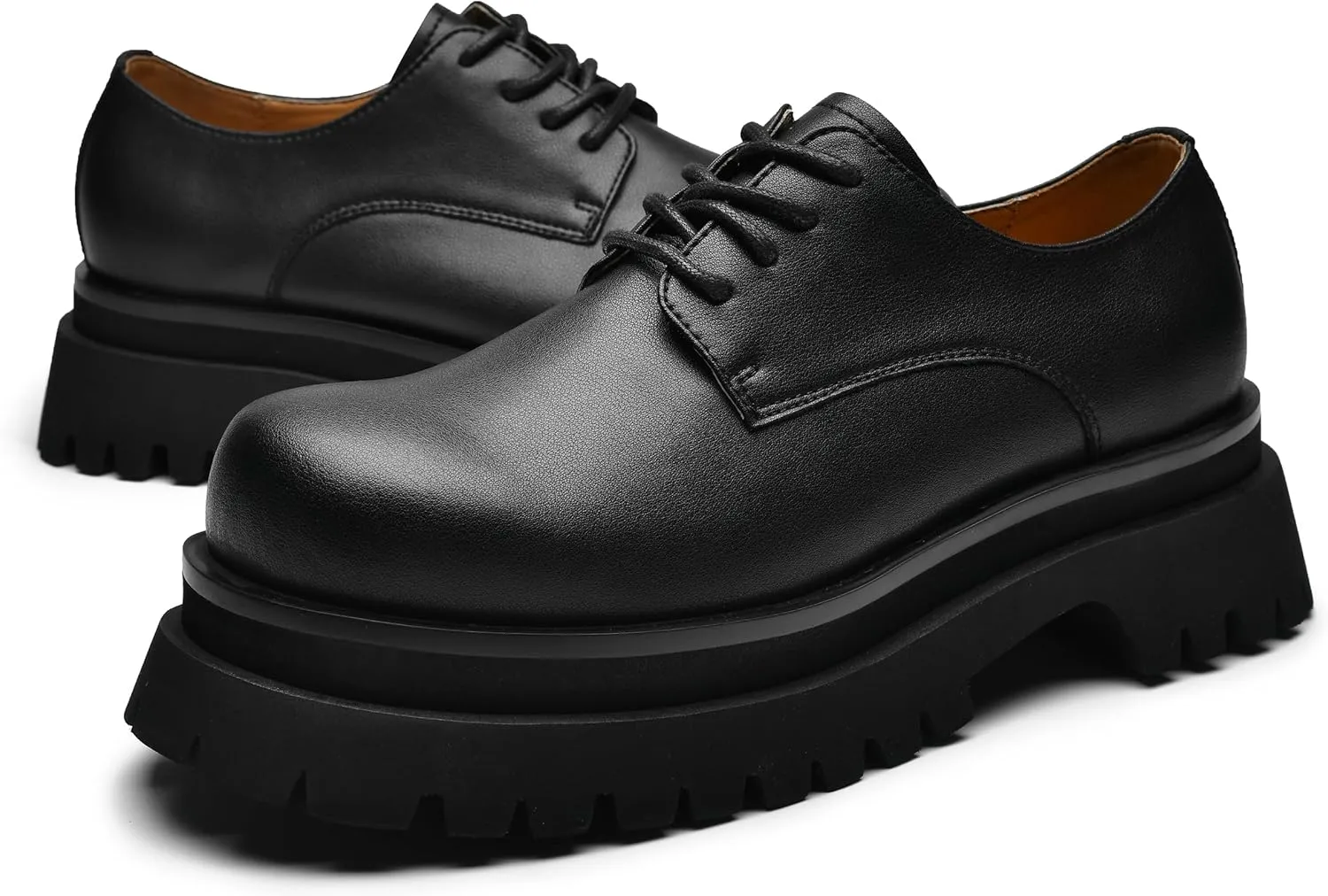 JIONS Mens Black Leather Derby Shoes Non-Slip 2.36" Thick-Soled Big Round-Toed Lace-up Platform Dress Business Oxfords
