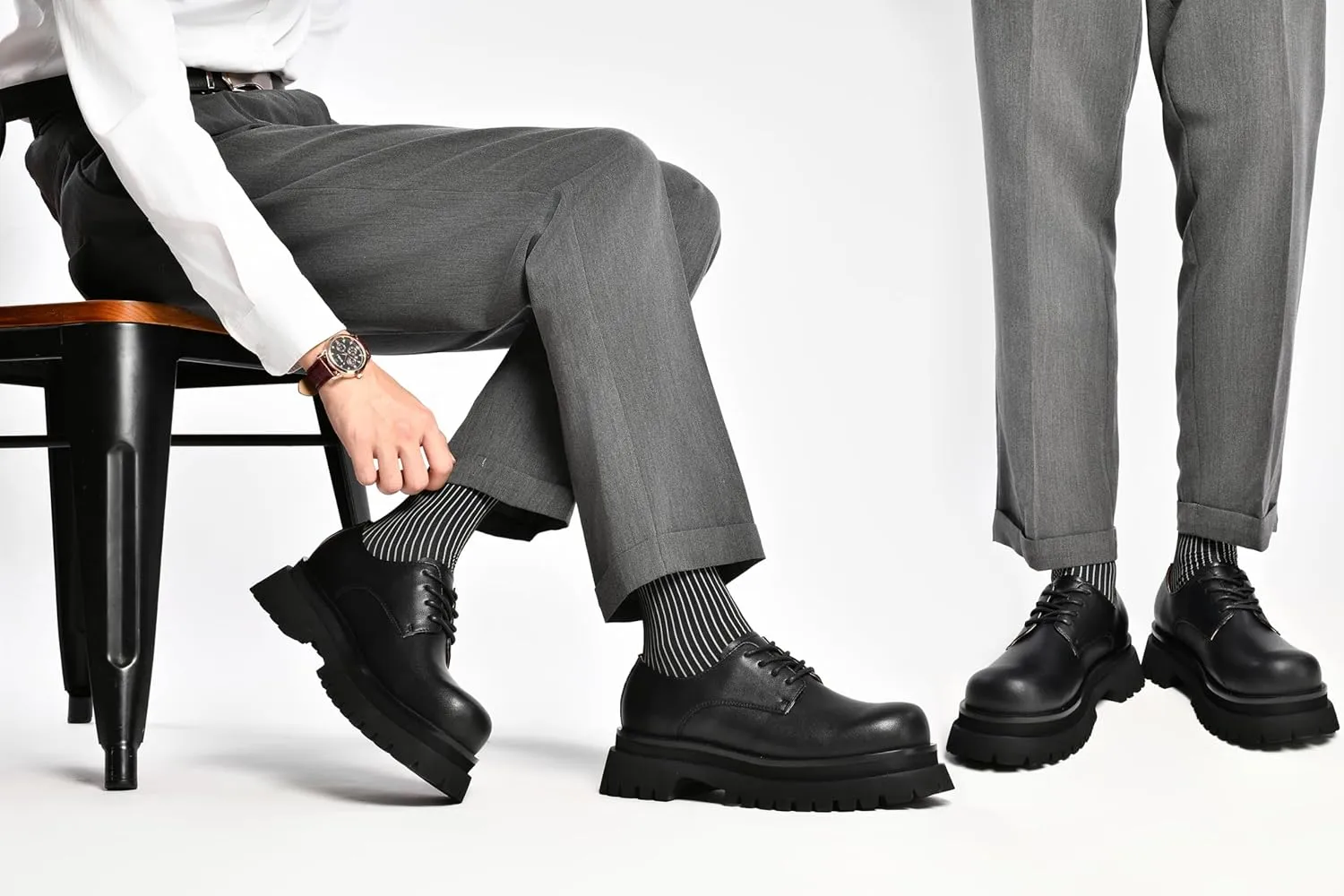 JIONS Mens Black Leather Derby Shoes Non-Slip 2.36" Thick-Soled Big Round-Toed Lace-up Platform Dress Business Oxfords