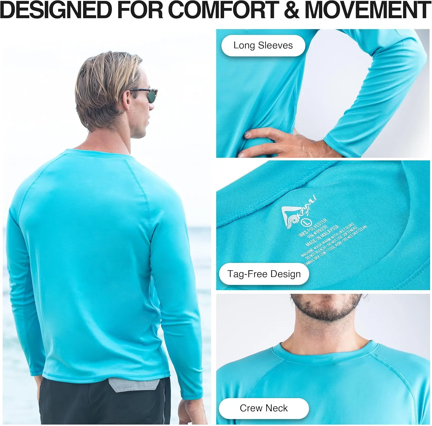 Kanu Surf Men's Rash Guard Long Sleeve Swim Shirts for Men SPF UPF 50 Sun Protection Fishing and Running Shirt