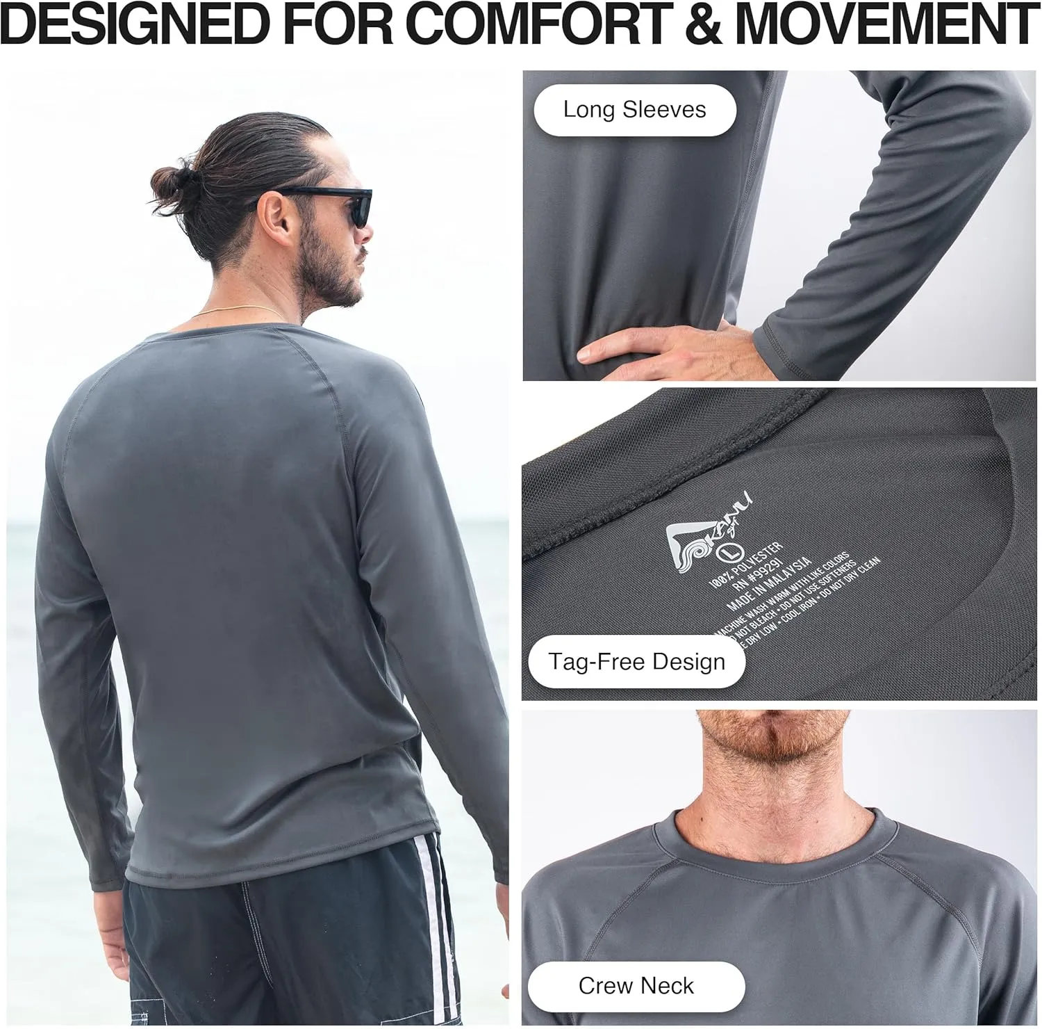 Kanu Surf Men's Rash Guard Long Sleeve Swim Shirts for Men SPF UPF 50 Sun Protection Fishing and Running Shirt