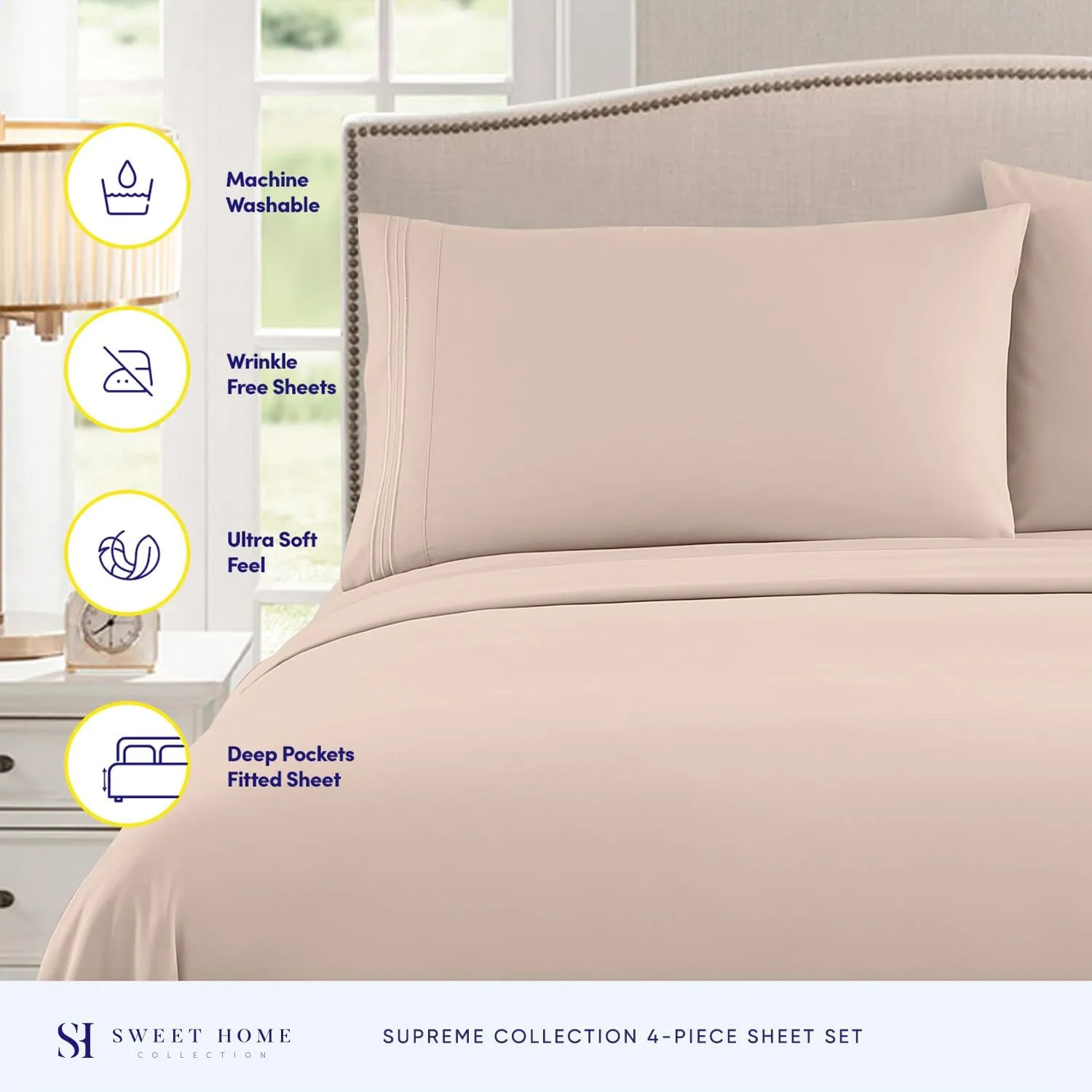 King Size Sheets - Breathable Luxury Bed Sheets with Full Elastic & Secure Corner Straps Built In - 1800 Supreme Collection Extra Soft Deep Pocket Bedding Set, Sheet Set, King, Beige