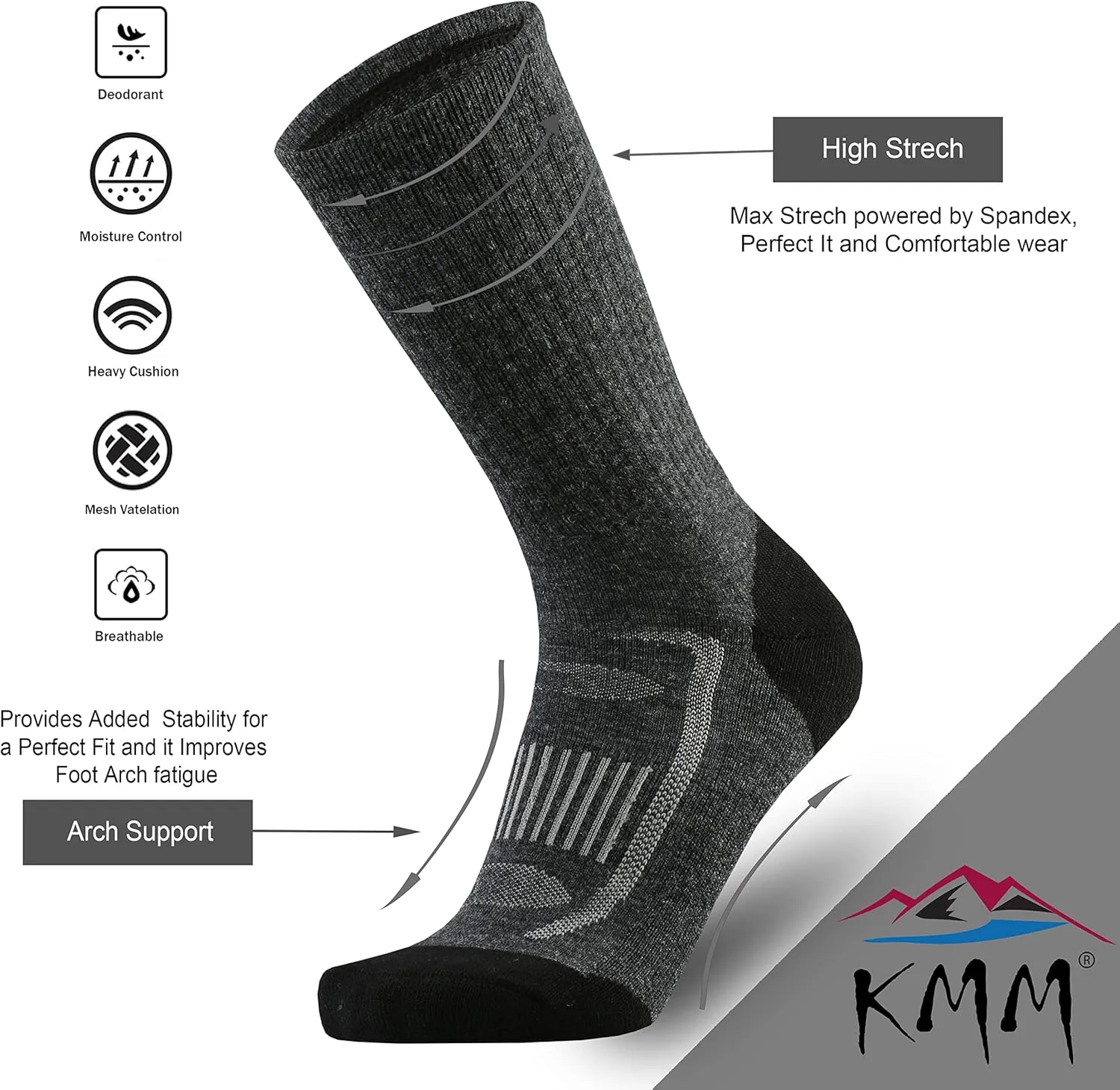 KMM Men's Merino Wool Cushion Crew Socks Moisture Wicking Control Medium Weight Warm for Outdoor Hiking Hike Trail Cycling