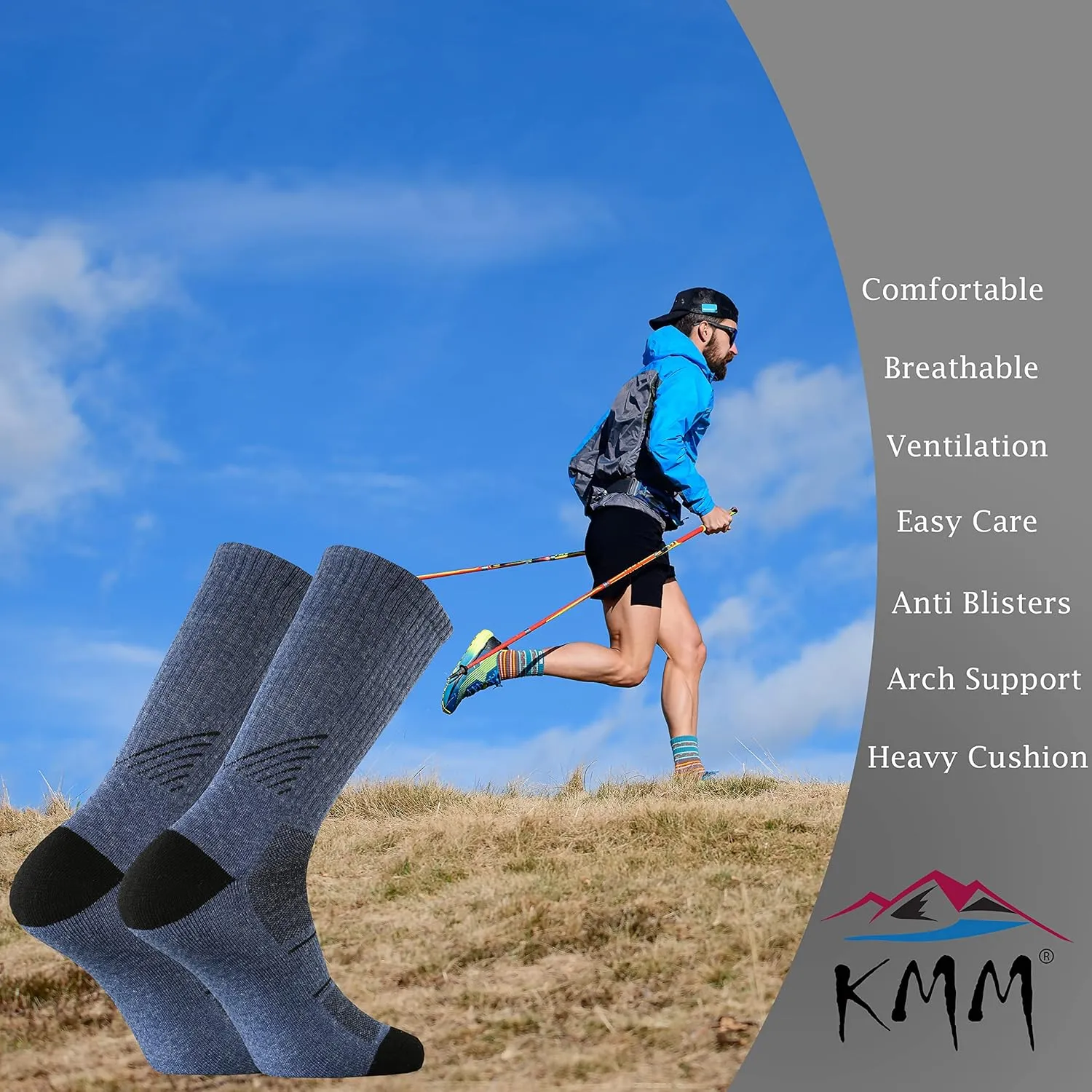 KMM Men's Merino Wool Cushion Crew Socks Moisture Wicking Control Medium Weight Warm for Outdoor Hiking Hike Trail Cycling