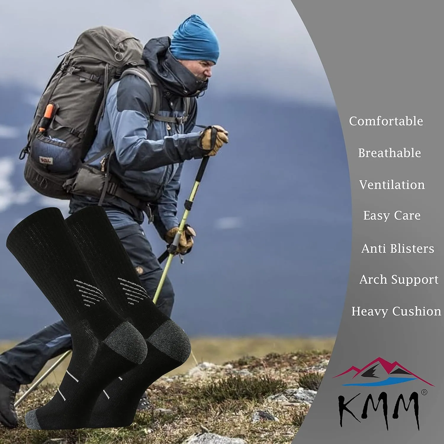 KMM Men's Merino Wool Cushion Crew Socks Moisture Wicking Control Medium Weight Warm for Outdoor Hiking Hike Trail Cycling