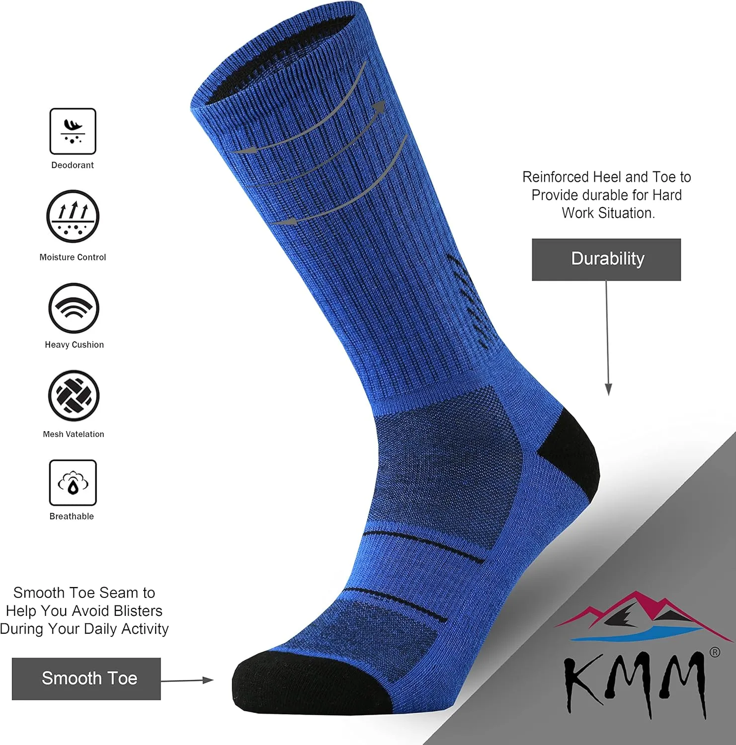 KMM Men's Merino Wool Cushion Crew Socks Moisture Wicking Control Medium Weight Warm for Outdoor Hiking Hike Trail Cycling