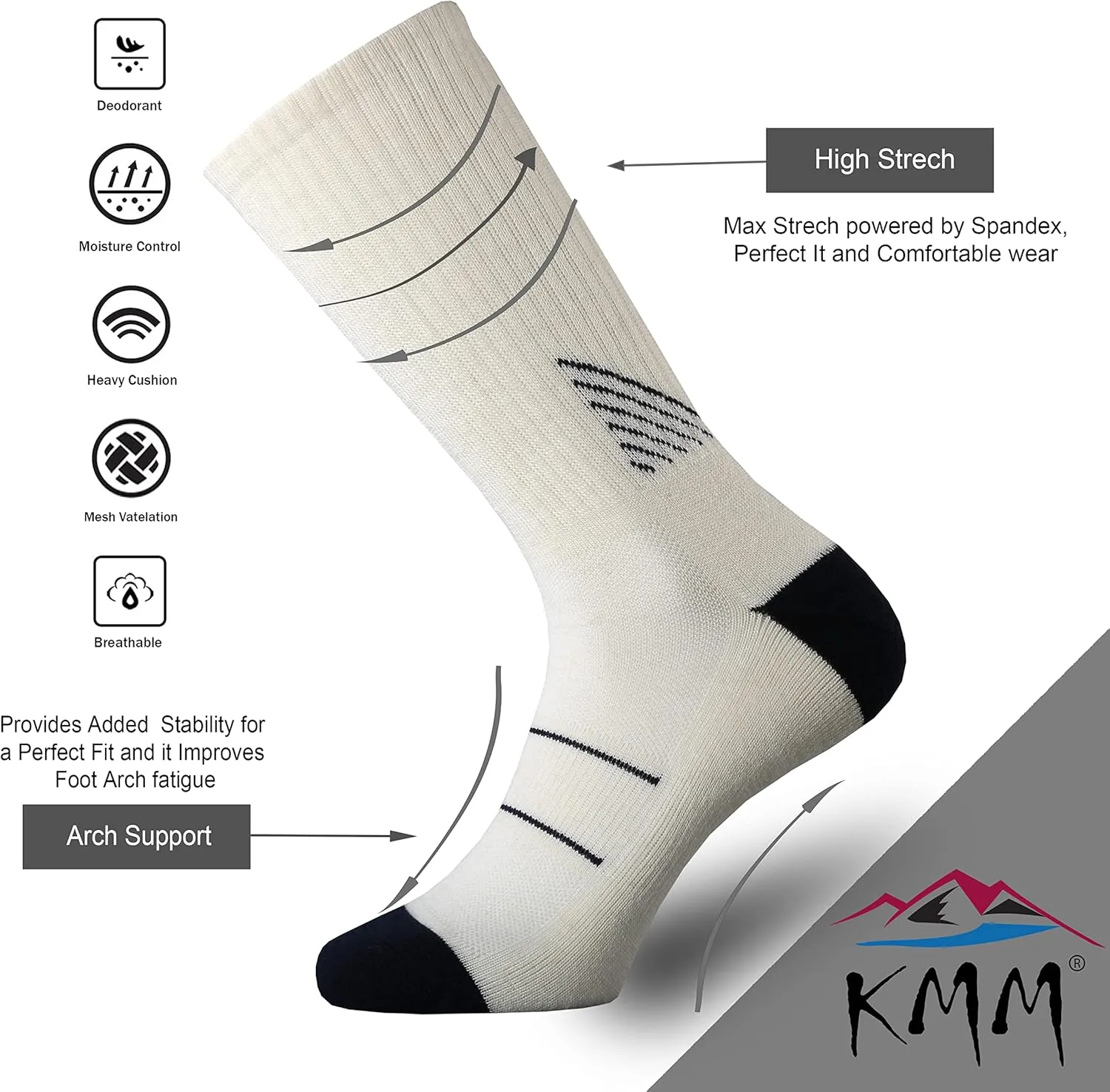 KMM Men's Merino Wool Cushion Crew Socks Moisture Wicking Control Medium Weight Warm for Outdoor Hiking Hike Trail Cycling