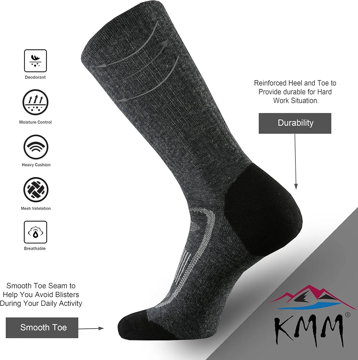 KMM Men's Merino Wool Cushion Crew Socks Moisture Wicking Control Medium Weight Warm for Outdoor Hiking Hike Trail Cycling