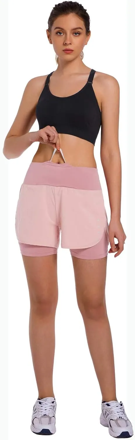 Ksmien Women's 2 in 1 Running Shorts - Lightweight Athletic Workout Gym Yoga Shorts Liner with Phone Pockets