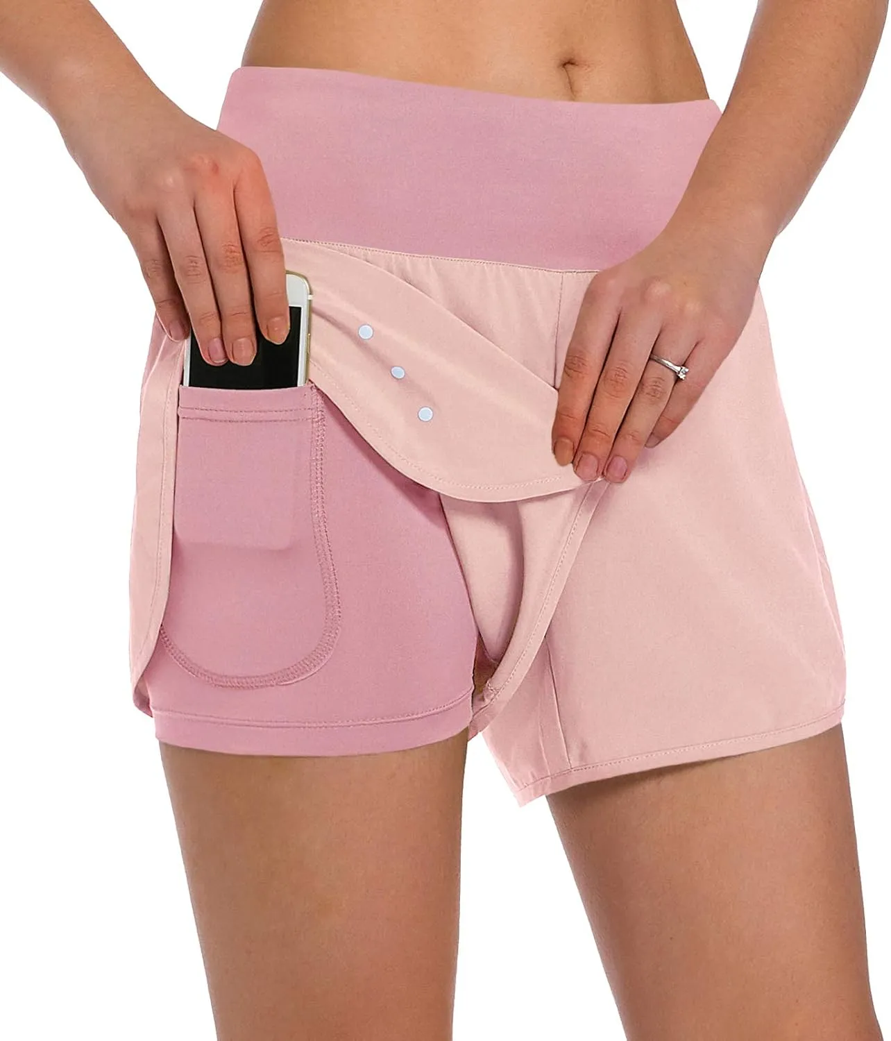 Ksmien Women's 2 in 1 Running Shorts - Lightweight Athletic Workout Gym Yoga Shorts Liner with Phone Pockets