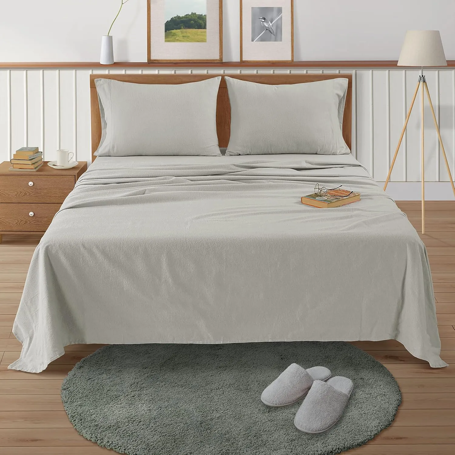 LANE LINEN 100% Cotton Cal King Flannel Sheets Set - Brushed for Extra Softness - Lightweight Cotton Flannel California King Sheets Set - Warm & Cozy Fall Bed Sheets with 15" Deep Pocket - Mineral